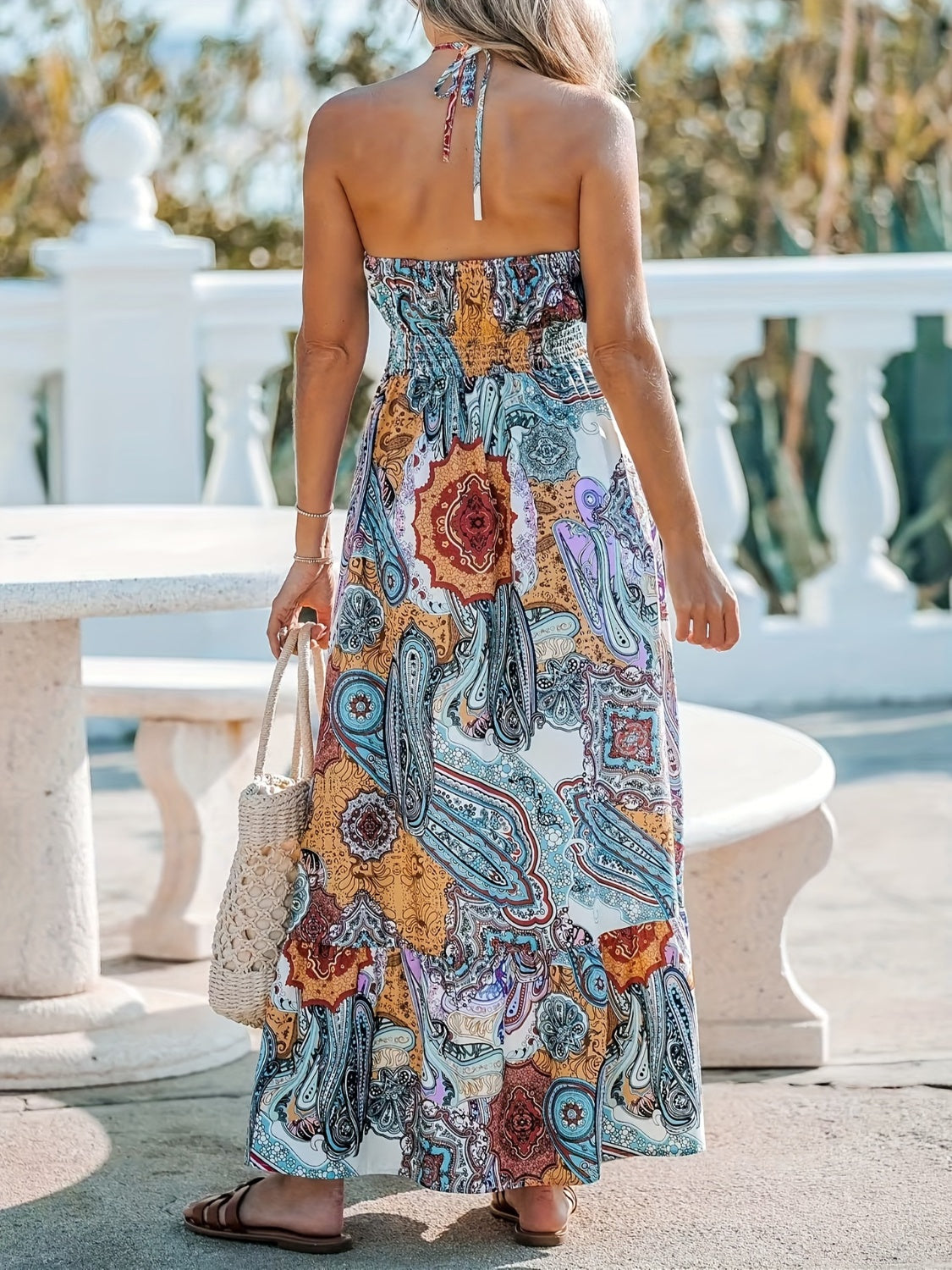 Printed Halter Neck Maxi Beach Vacation Dress