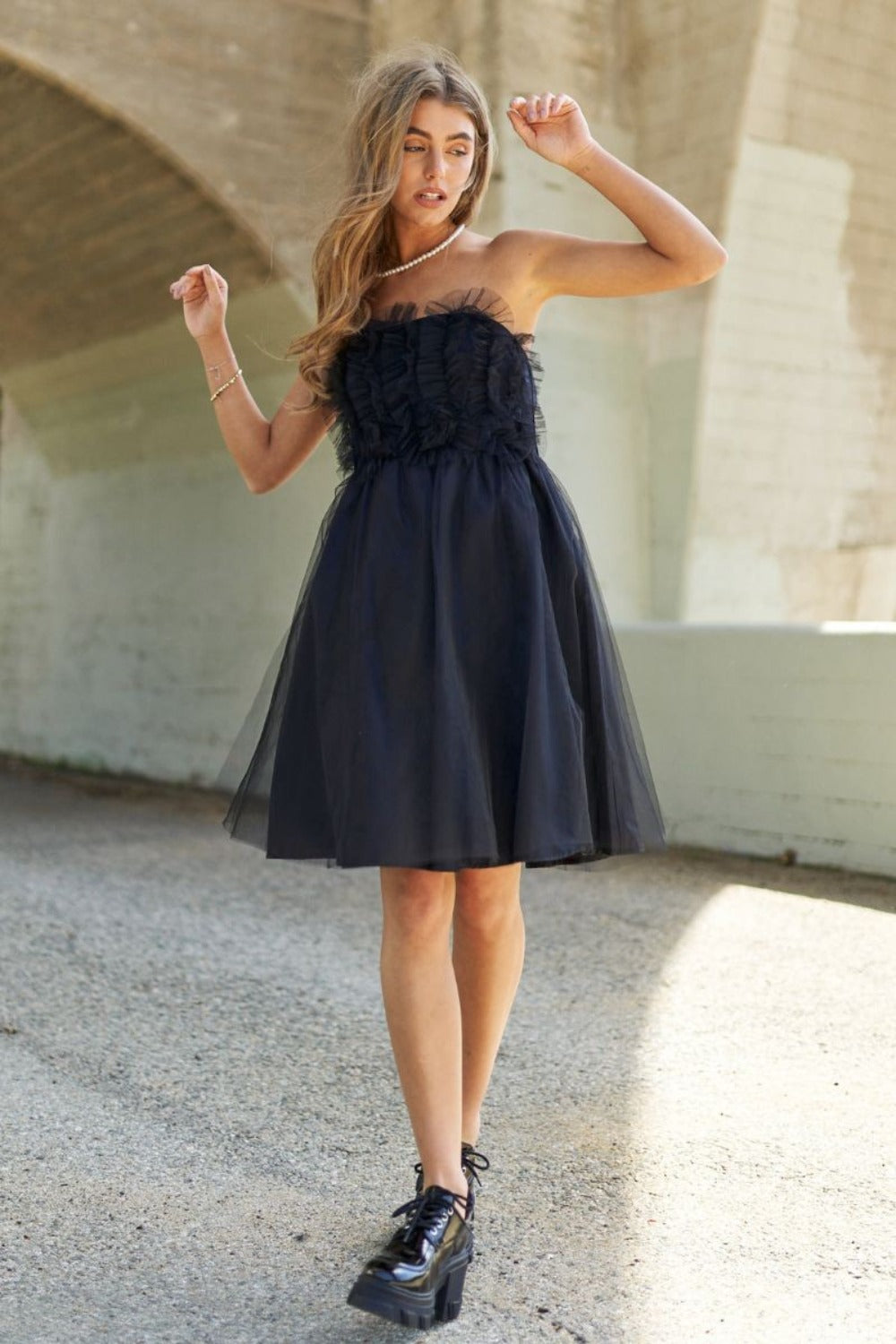 Mesh Ruffle Tube Top Swing Black Party Dress