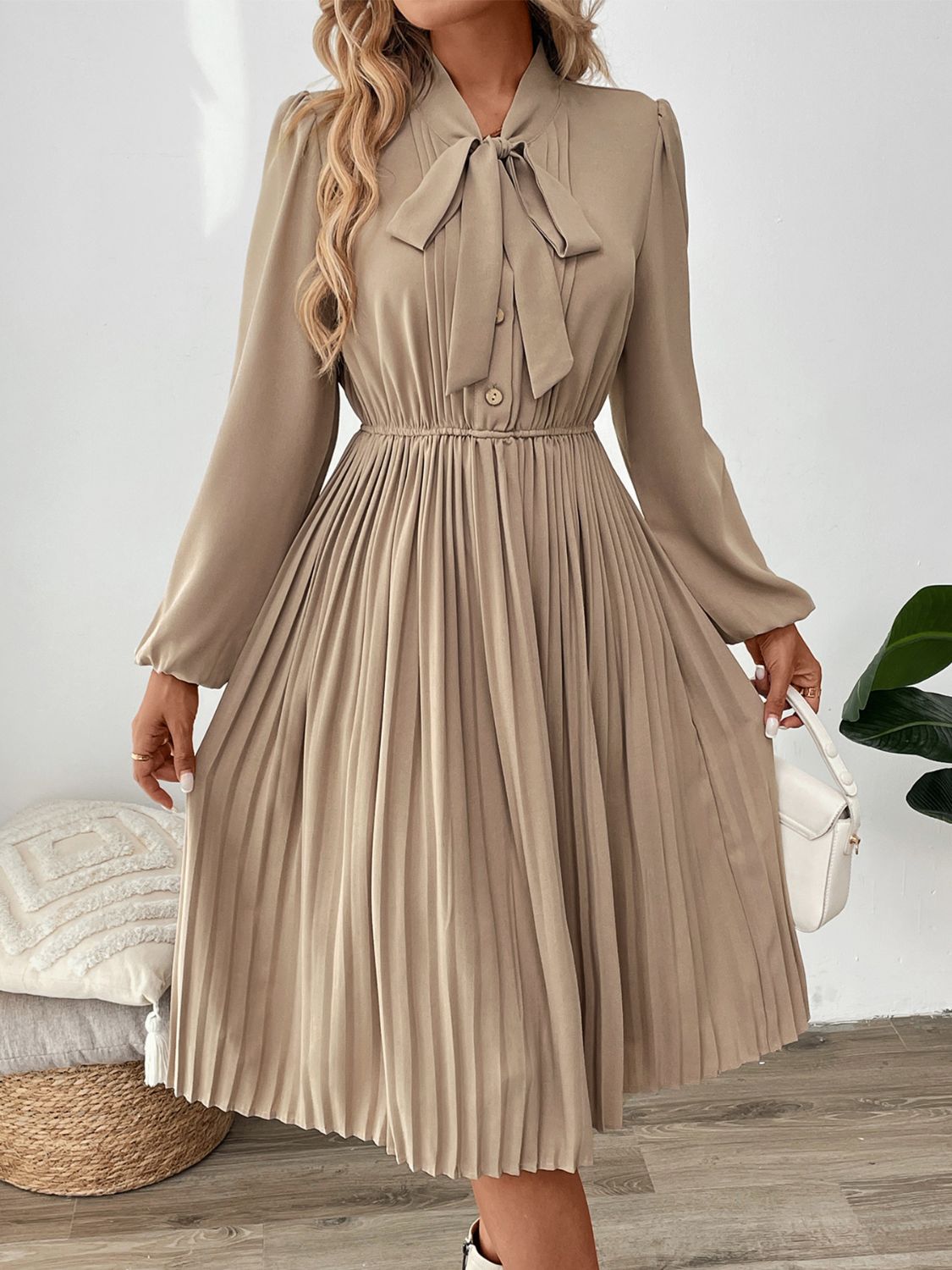 Work or Office Tie Neck Long Sleeve Midi Dress