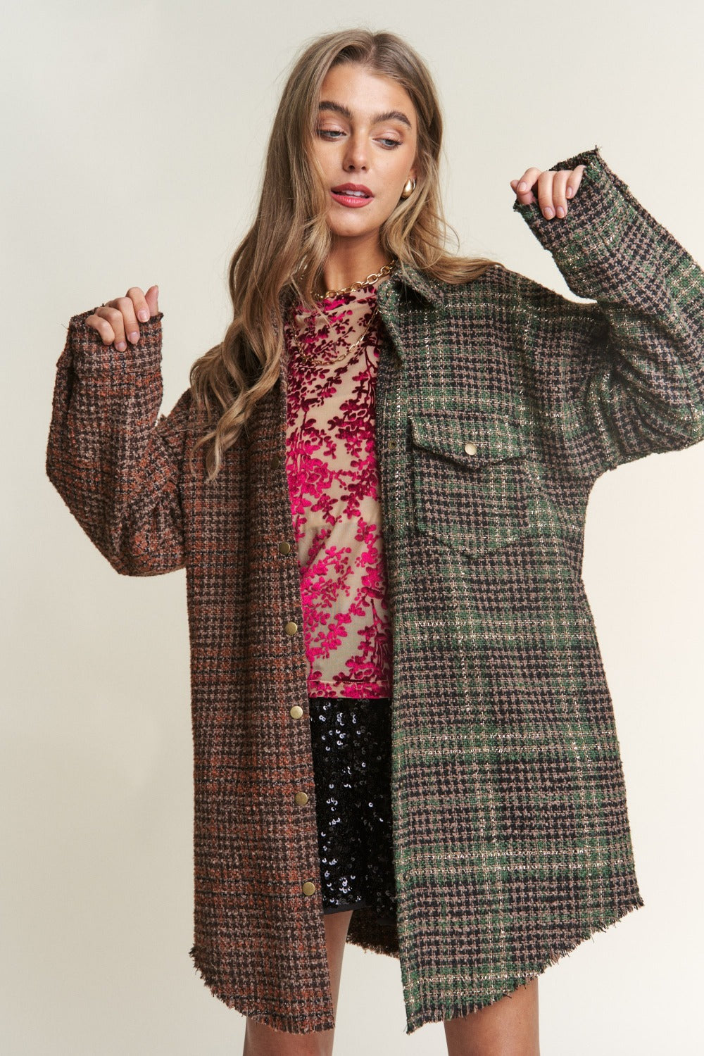 Snap Down Tweed Plaid Longline Shacket