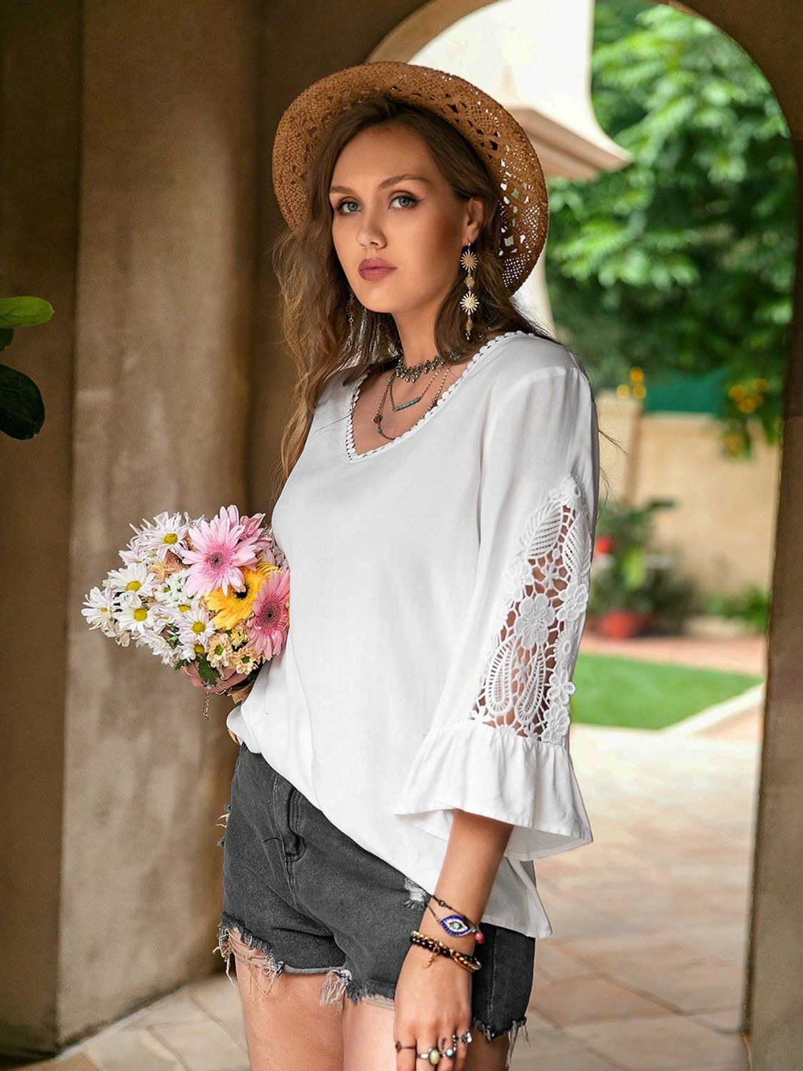 Plus Size Lace Detail Sleeve Blouse