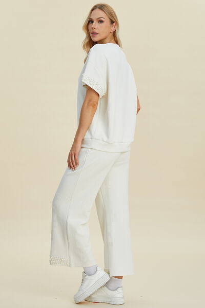 Full Size Pearl Detail Resort Top and Pants Set