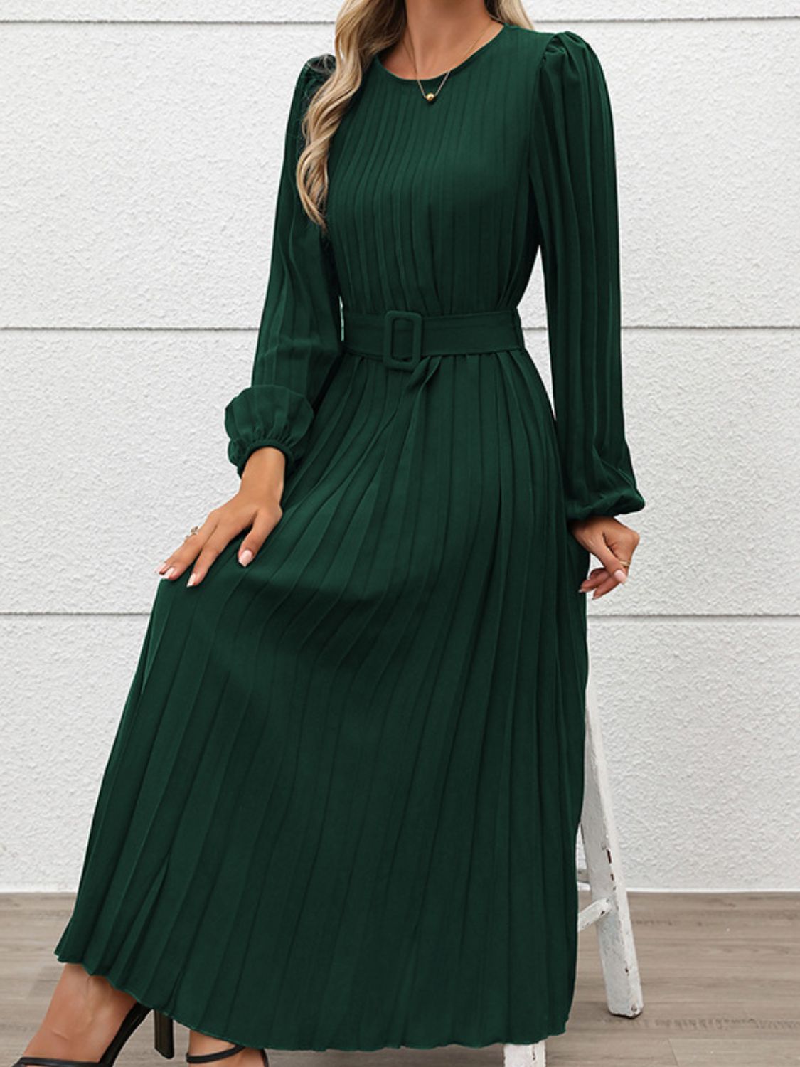 Pleated Round Neck Long Sleeve Midi Dress