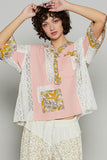 Beachy Boho Vintage Washed Lace Patchwork Printed Half Button Top