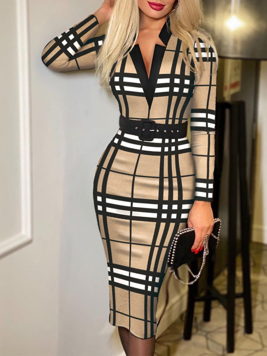 Notched Long Sleeve Wrap Dress