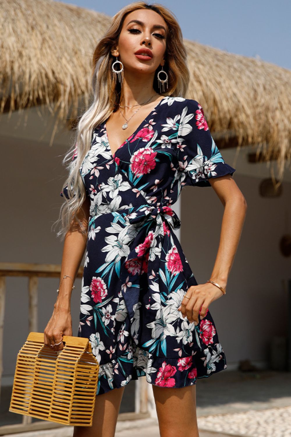 Floral Wrap Vacation Dress Tropical Print