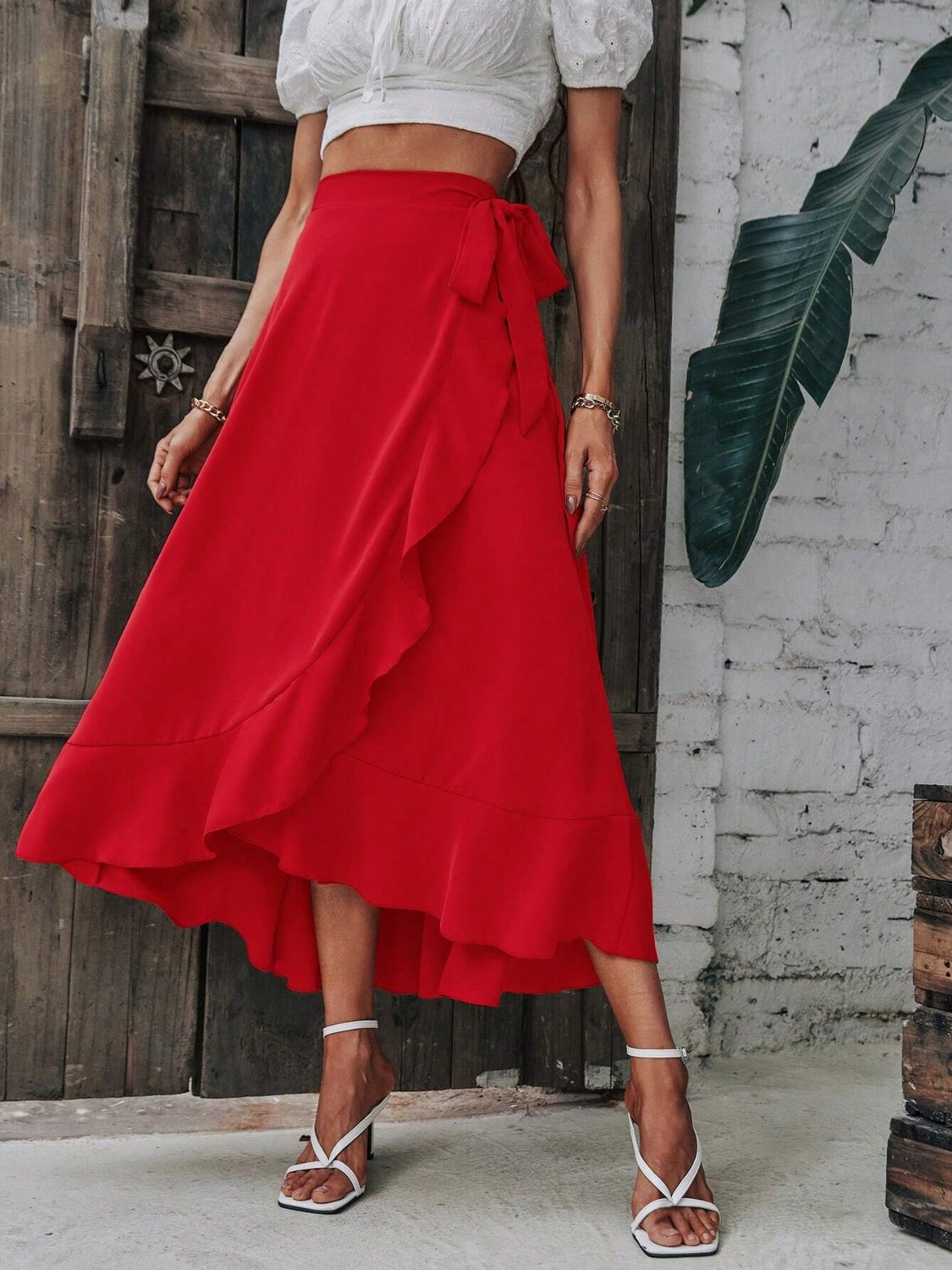 Tied Ruffled Red Skirt