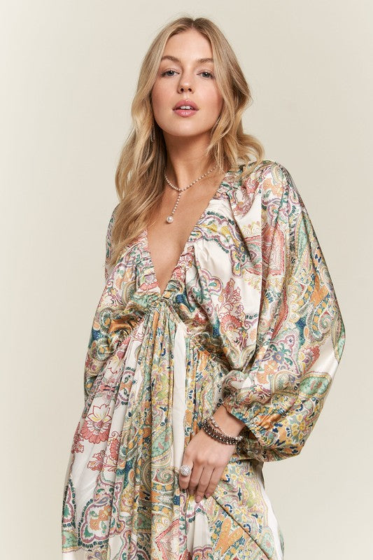 Printed V-Neck Batwing Sleeve Maxi Dress