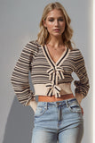 Cute Full Size Striped Bow Decor Cropped Cardigan