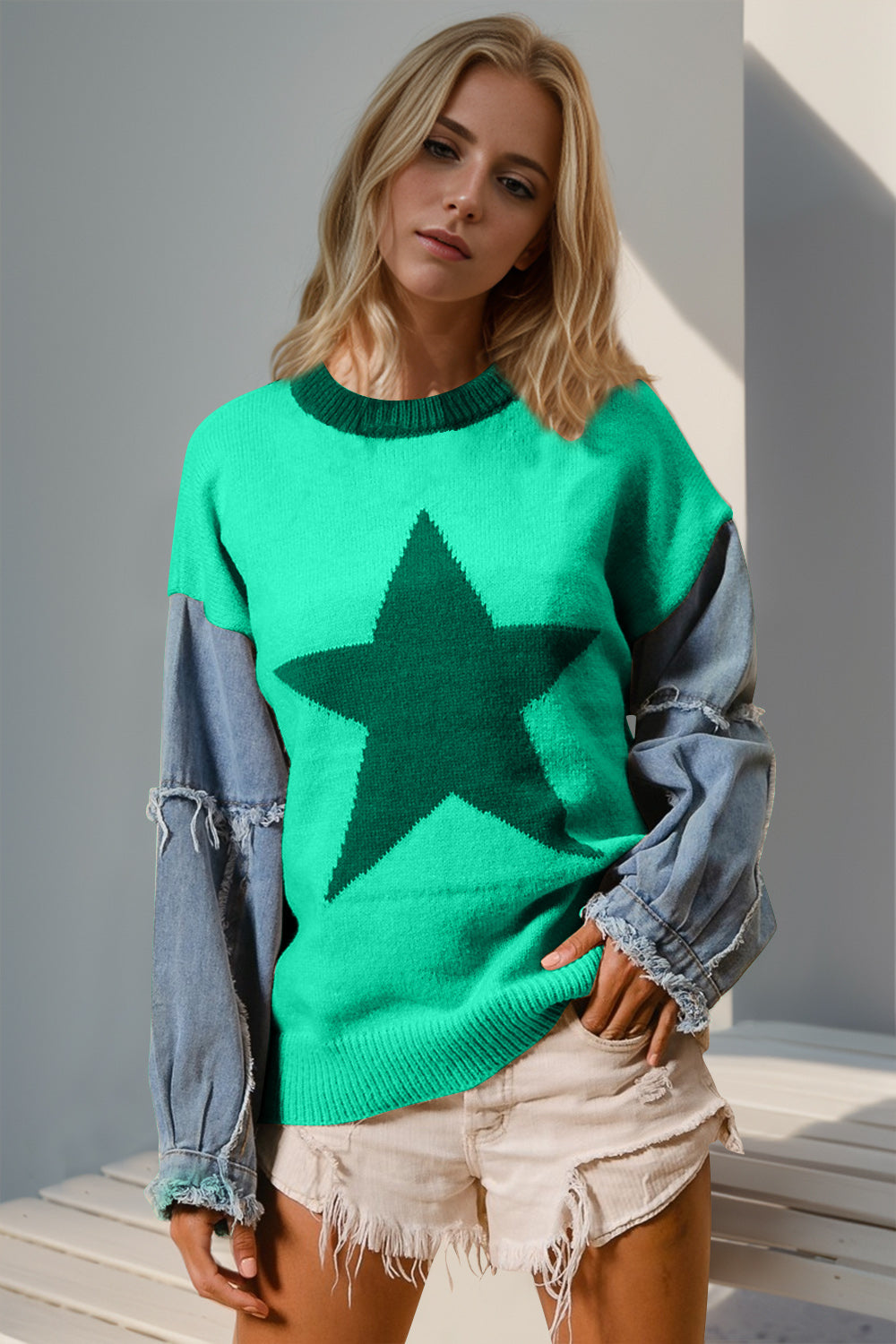 Full Size Star Pattern Raw Edge Long Sleeve Sweater