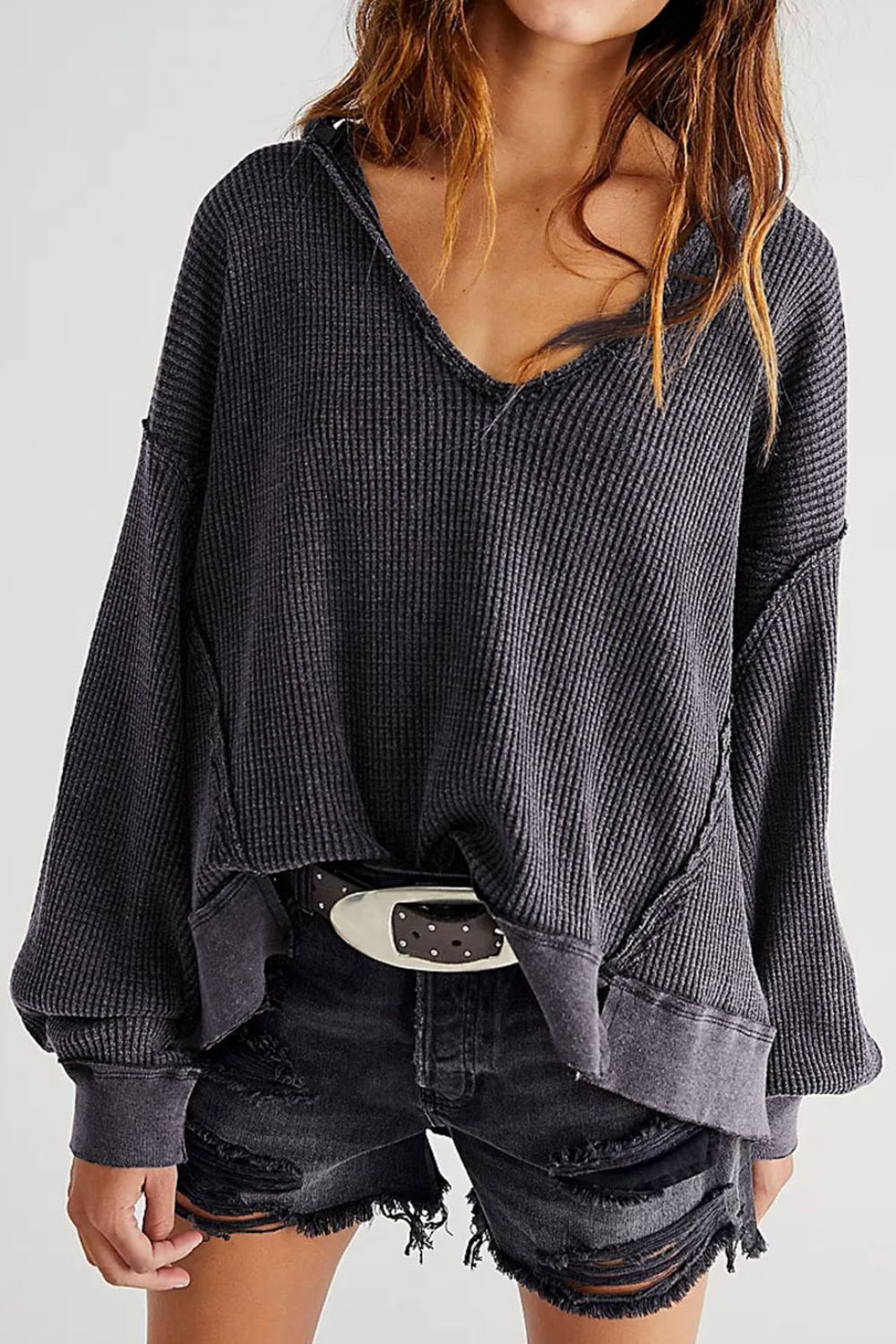 Waffle-Knit Notched Long Sleeve Beach Sweatshirt