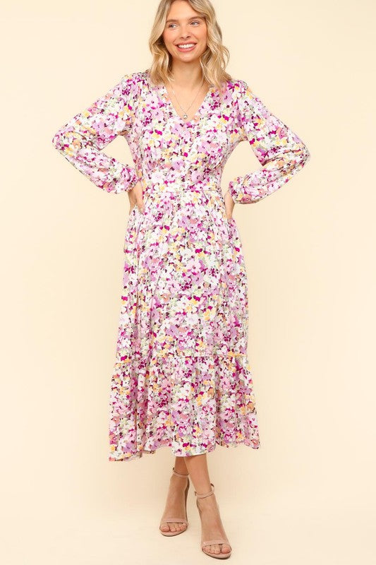 Full Size Floral Long Sleeve Summer Maxi Dress with Side Pockets