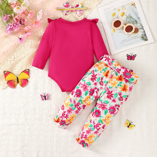 Bow Ruffled Round Neck Bodysuit and Printed Pants Set