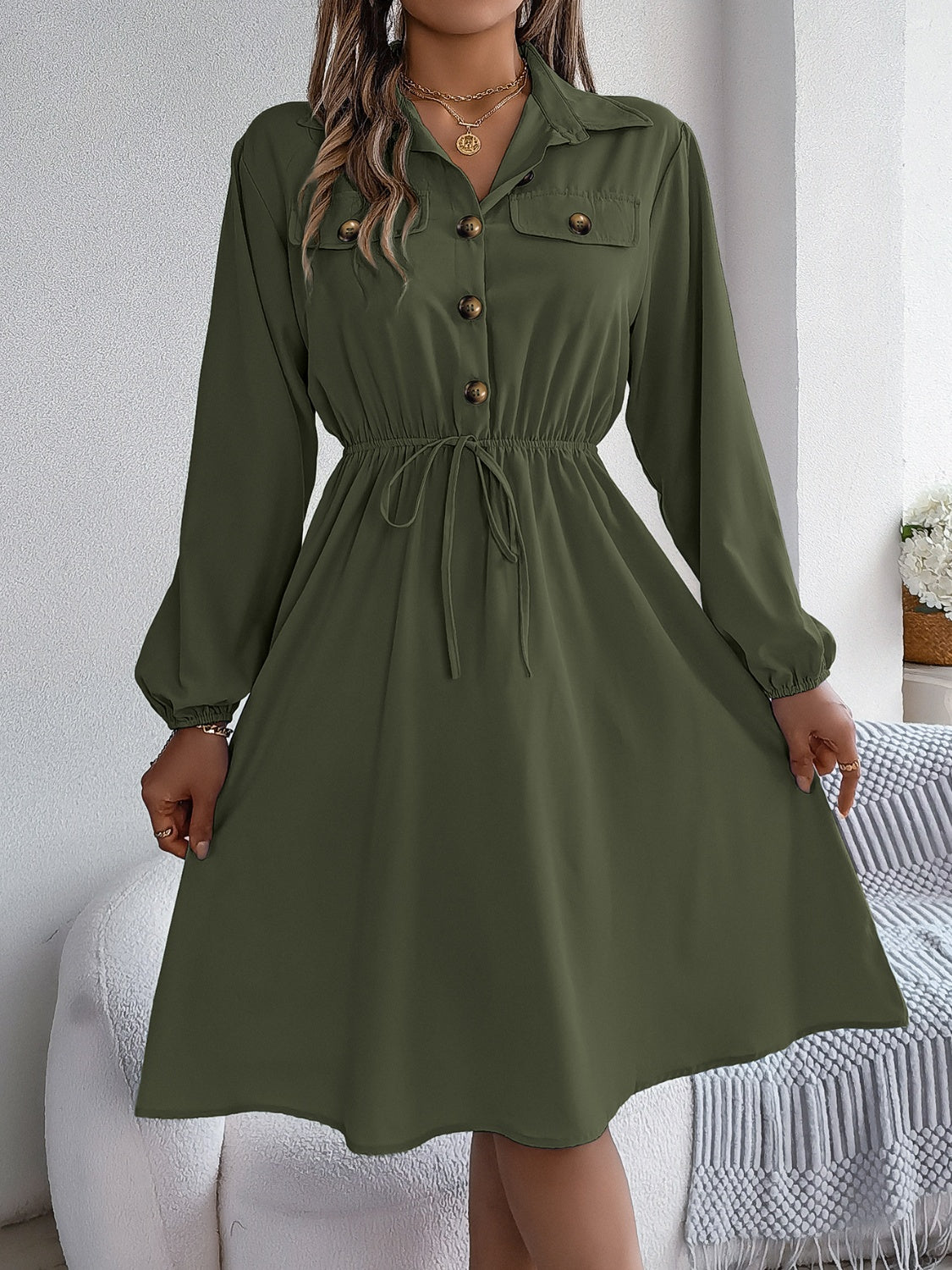 Collared Neck Long Sleeve Midi Dress with Pockets