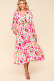 Full Size Floral Balloon Sleeve Summer Midi Dress with Side Pockets