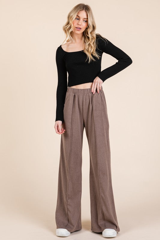 Elastic Waist Wide Leg Beach Pants with Pockets