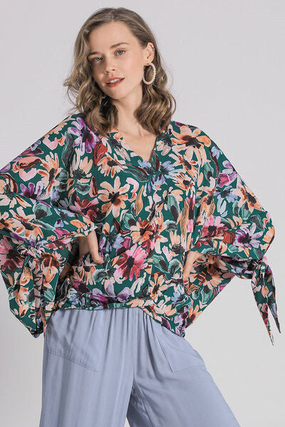 Full Size Floral V-Neck Tie Sleeve Baggy Blouse