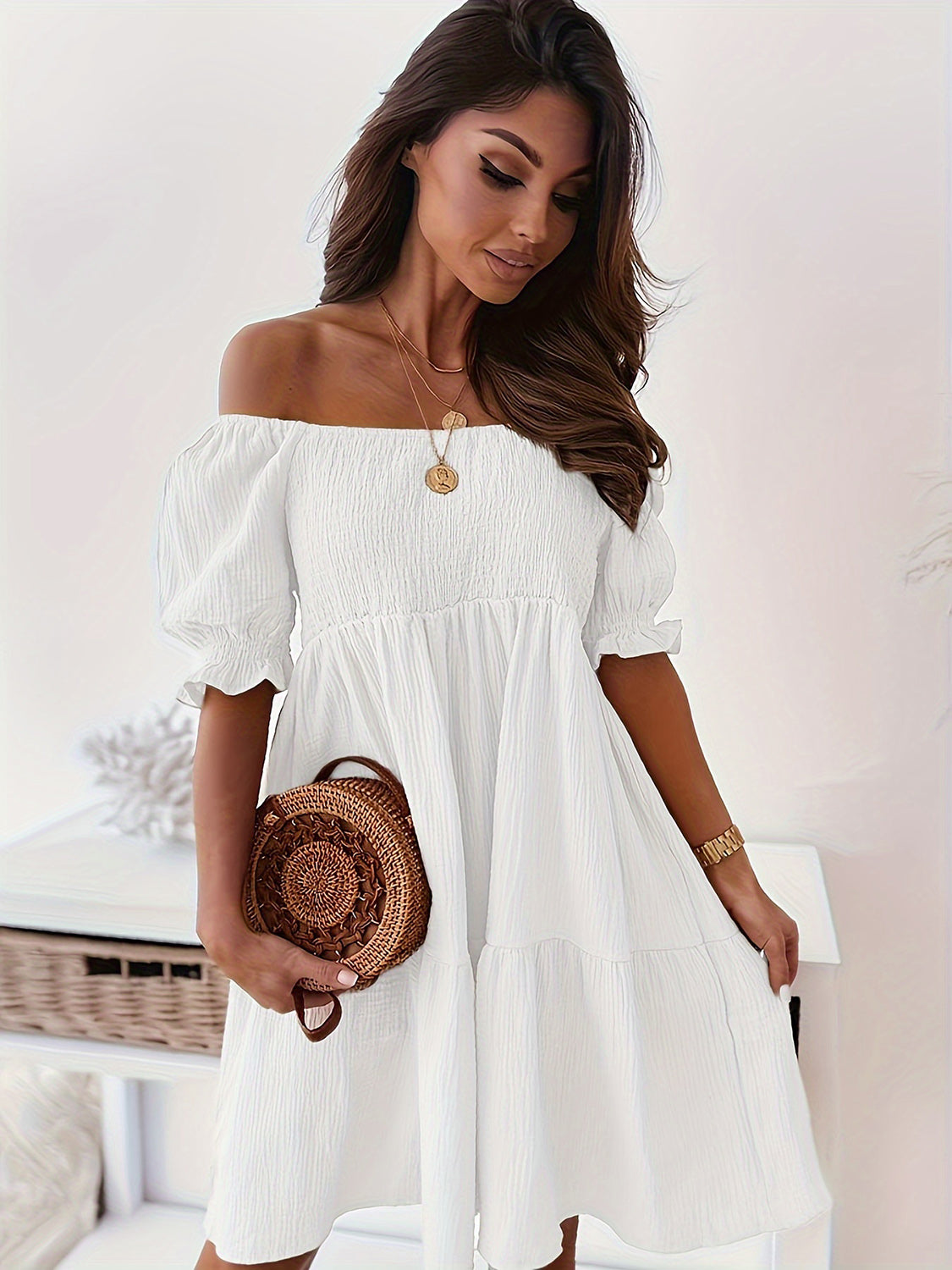 Full Size Ruffled Off-Shoulder Short Sleeve Beach Dress