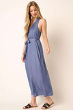 Dusty Blue Cross Back Belted V Neck Tank Maxi Dress