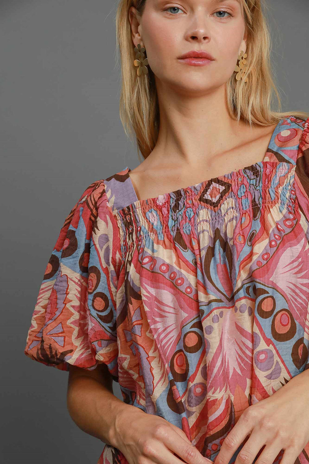 Full Size Abstract Puff Sleeve Resort Blouse