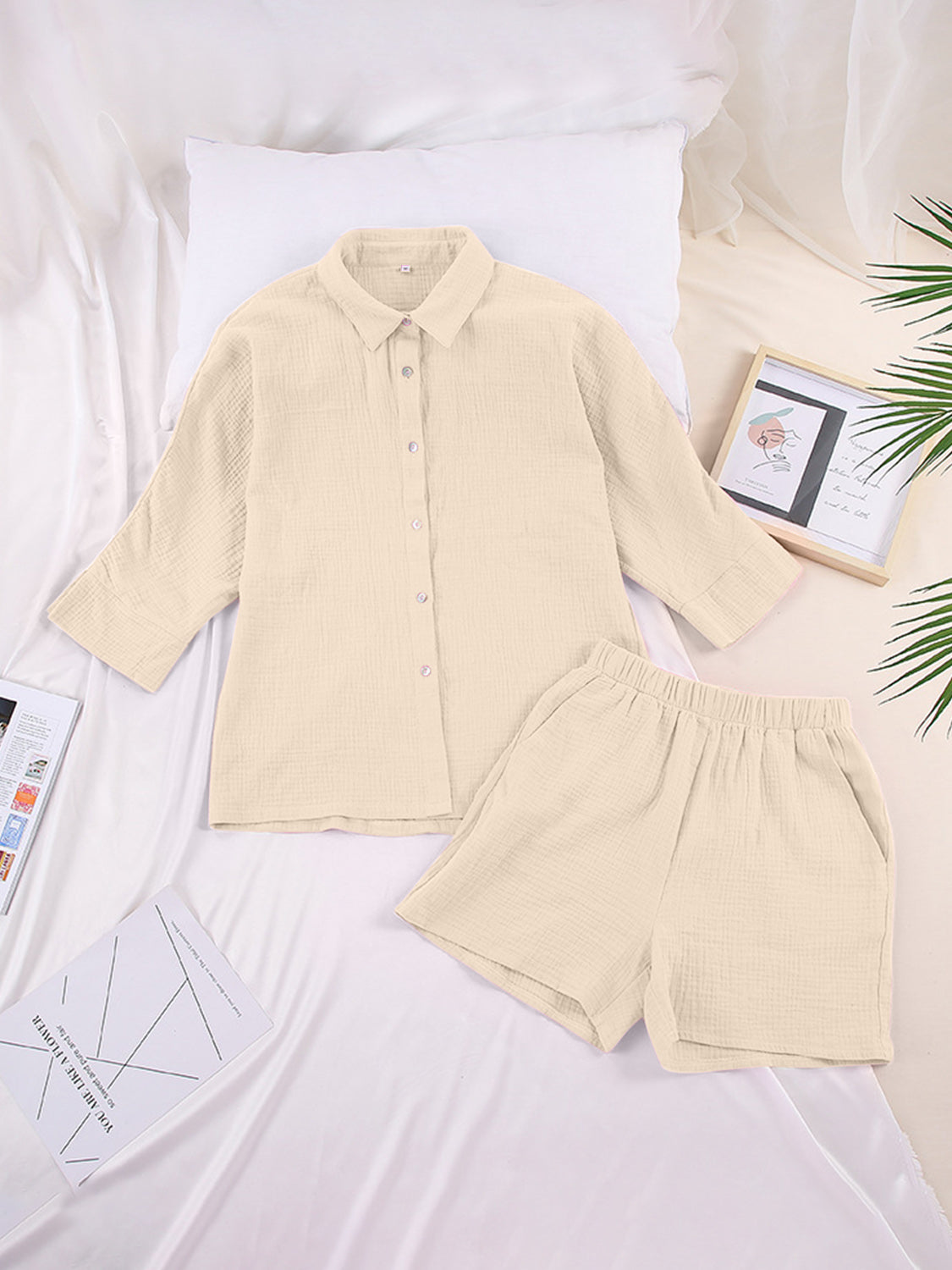 Texture Button Up Resort Shirt and Shorts Set