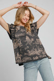 Ruffled Landscape Print Short Sleeve French Terry Top