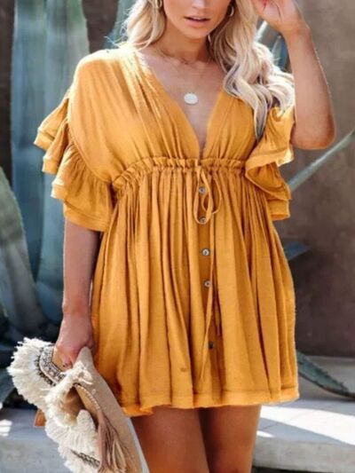 Drawstring Ruffled Half Sleeve Mini Boho Dress