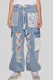 BOHO Crochet Patch Distressed Washed Jeans