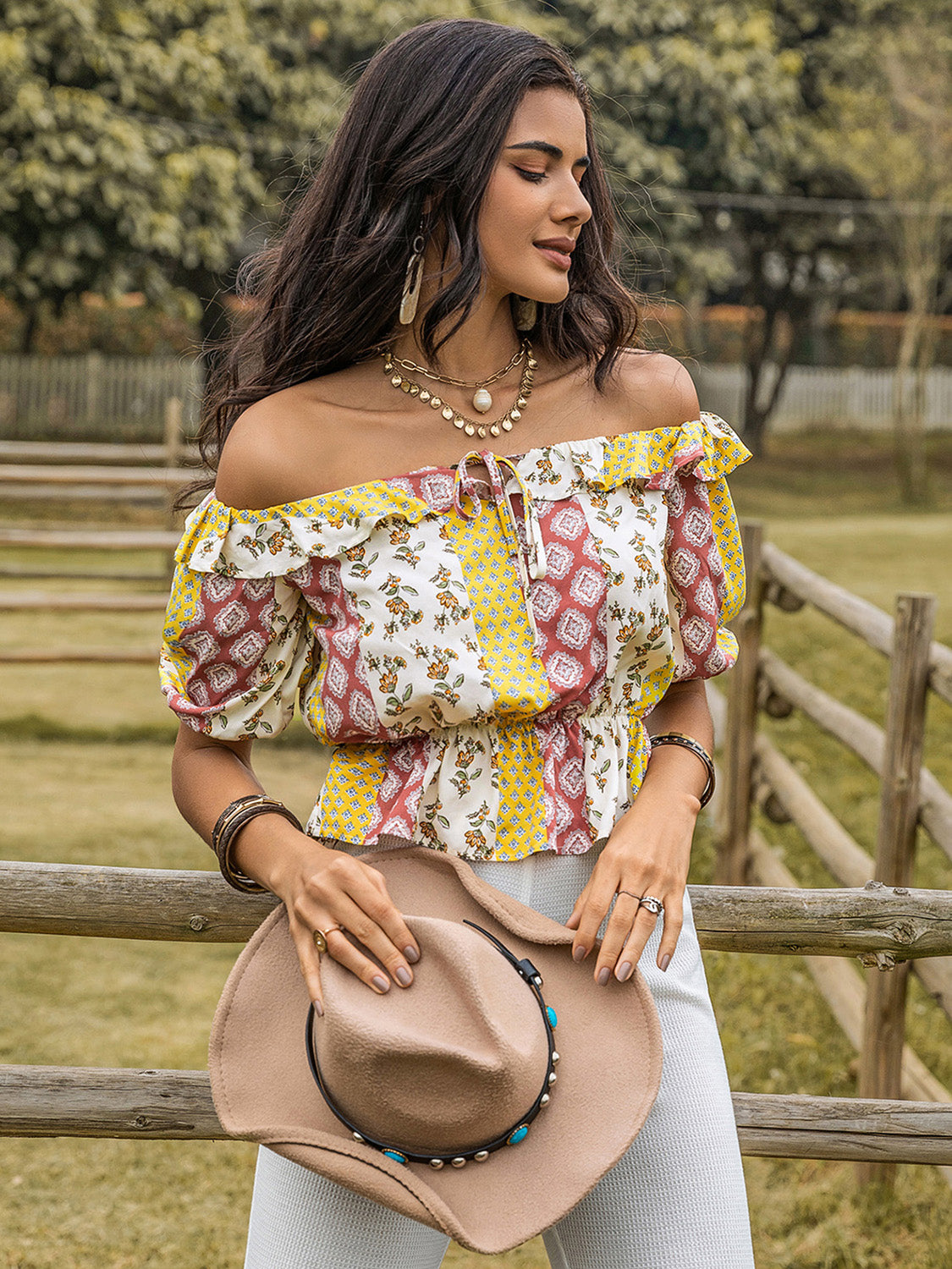 Ruffled Off-Shoulder Short Sleeve Boho Top