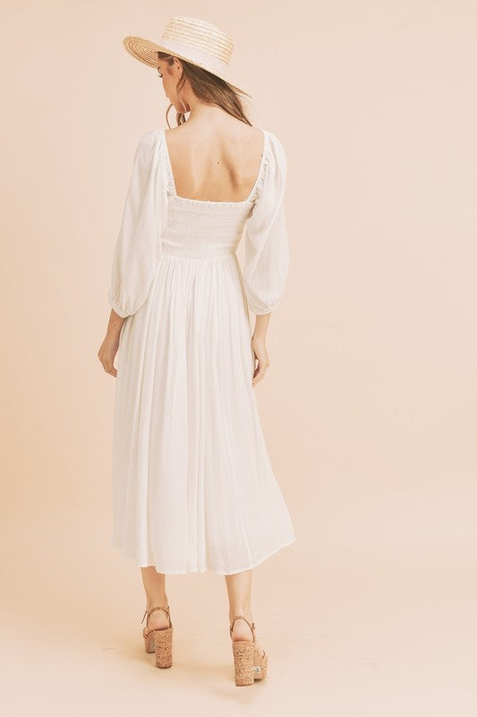 White Ruffled Balloon Sleeve Midi Resort Dress