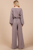 Mocha Boat Neck Long Sleeve Drawstring Baggy Jumpsuit