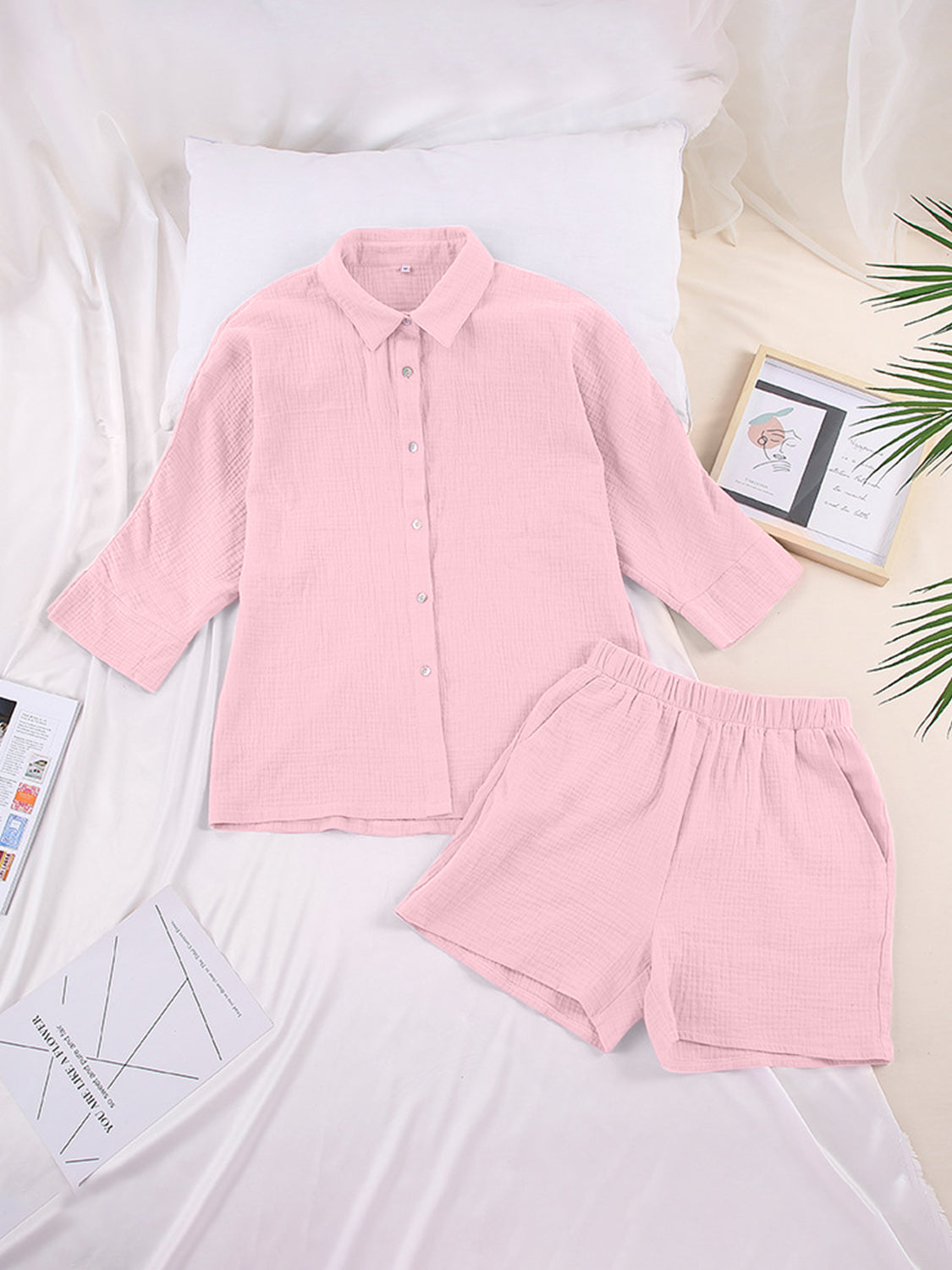 Texture Button Up Resort Shirt and Shorts Set