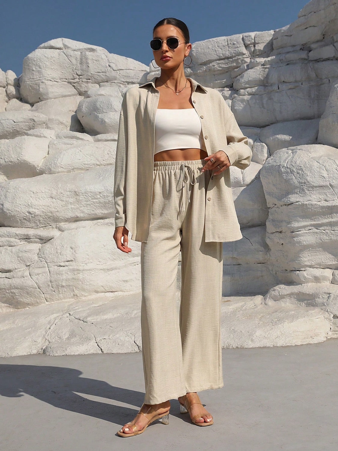 Button Up Long Sleeve Resort Top and Pants Set