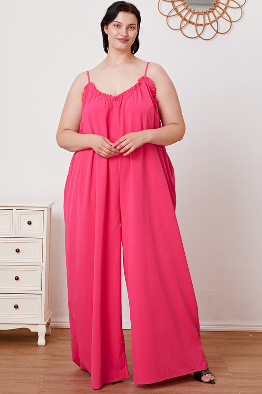 Plus Size Ruffle Trim Tie Back Cami Jumpsuit with Pockets