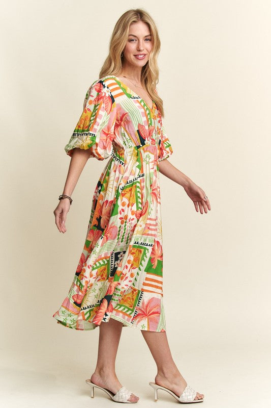 Tropical Puff Sleeve Resort Vacation Midi Dress