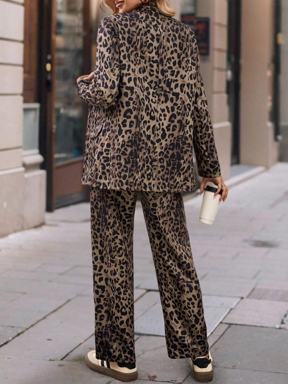 Full Size Leopard Long Sleeve Resort Blazer and Pants Travel Set