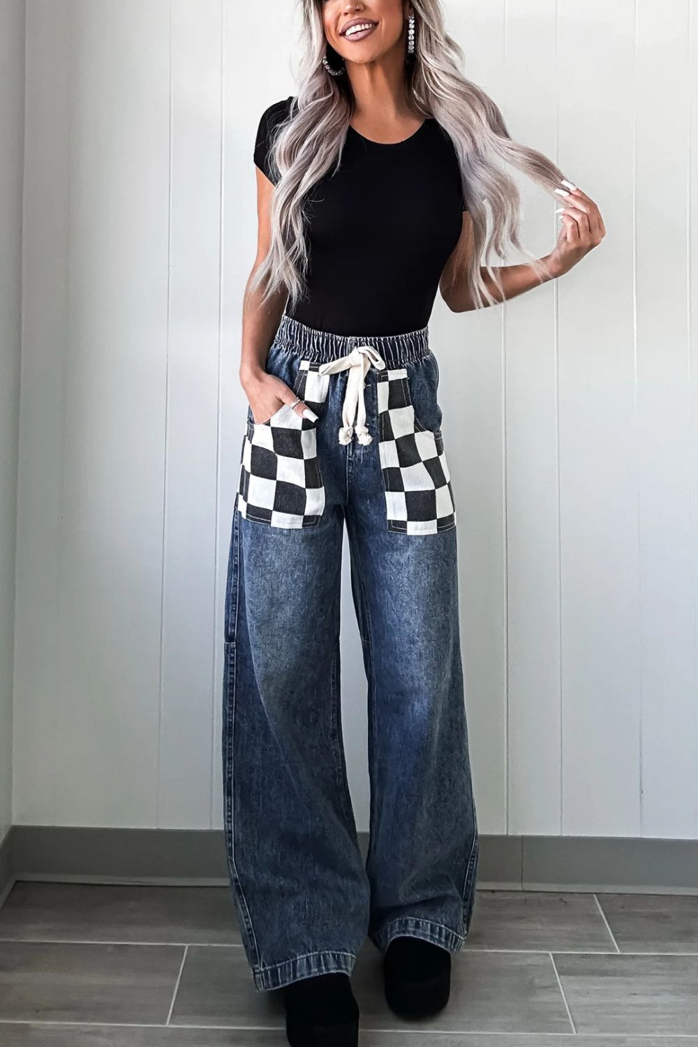 Checkered Wide Leg Jeans