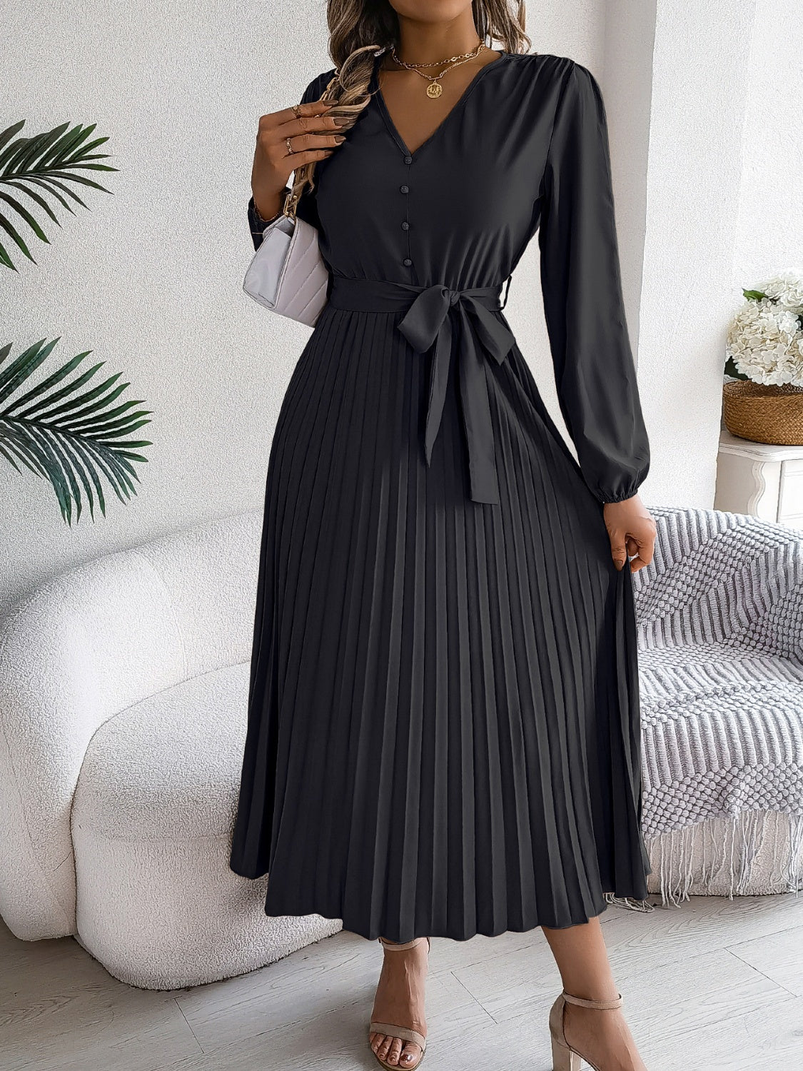 Pleated Tied V-Neck Long Sleeve Midi Dress