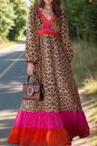 Leopard V-Neck Long Sleeve Maxi Beach Dress