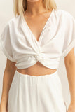 Crop Top Twisted Front Resort White Wide Leg Pants Set