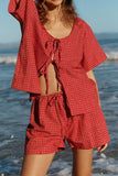 Plaid Tie Front Short Sleeve Top and Drawstring Shorts Set