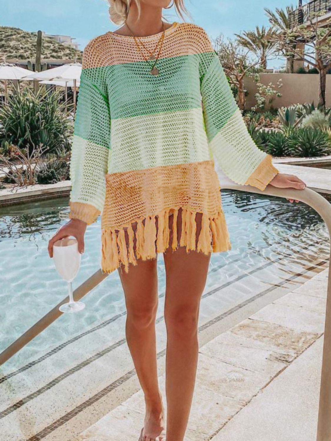 Tassel Hem Long Sleeve Knit Beach Cover Up