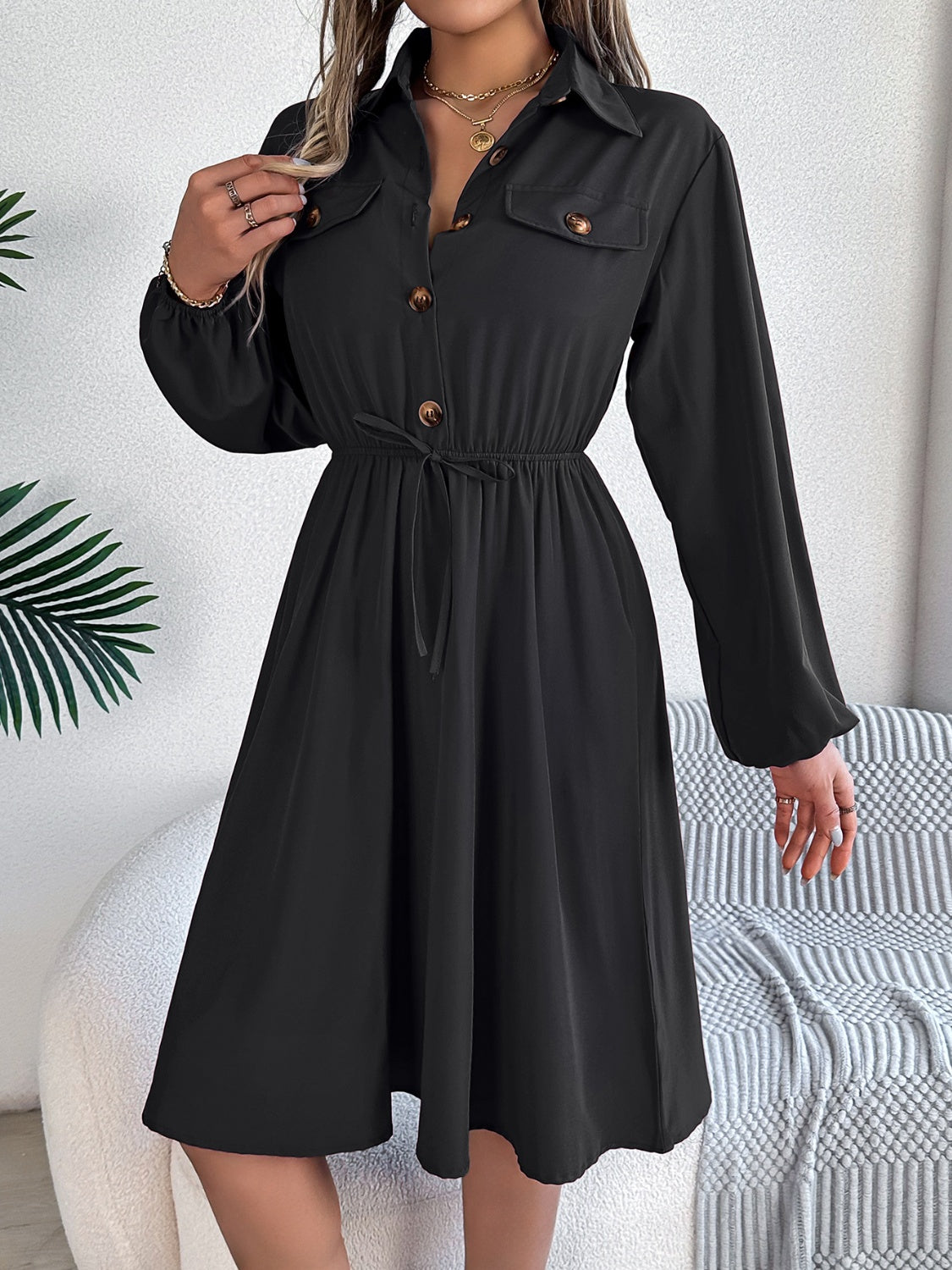 Collared Neck Long Sleeve Midi Dress with Pockets