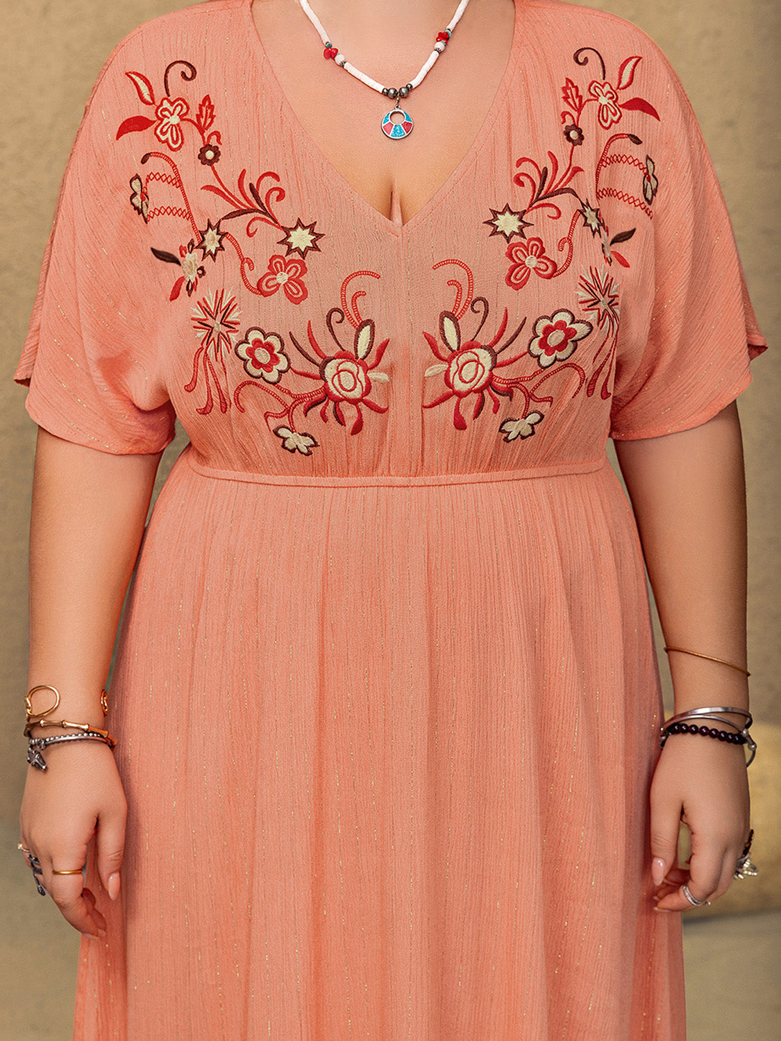 Plus Size Frill Embroidered V-Neck Half Sleeve Resort Maxi Dress