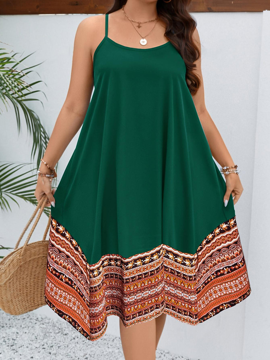 Plus Size Printed Round Neck Cami Midi Dress