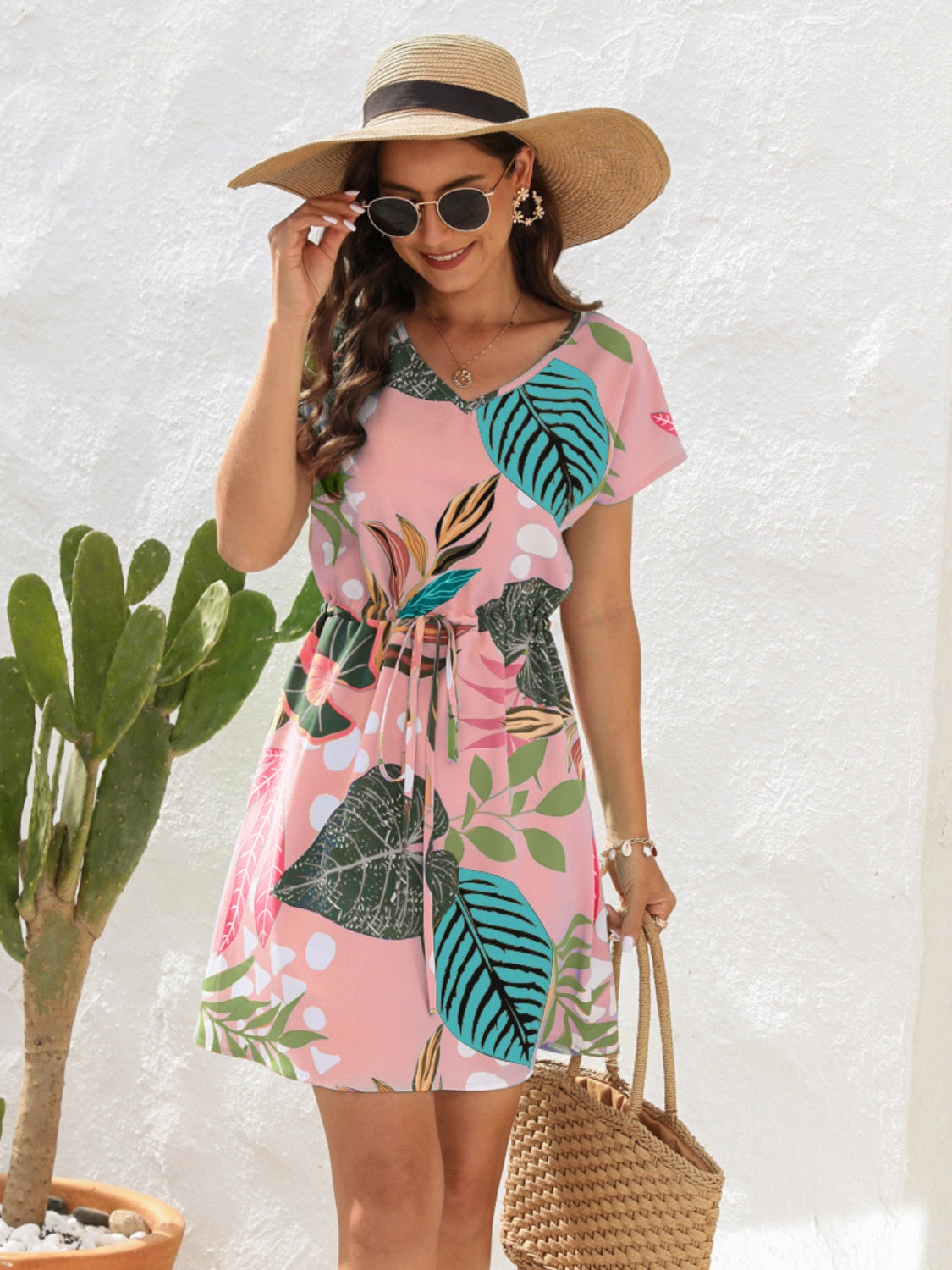 Drawstring Printed V-Neck Mini Beach Dress