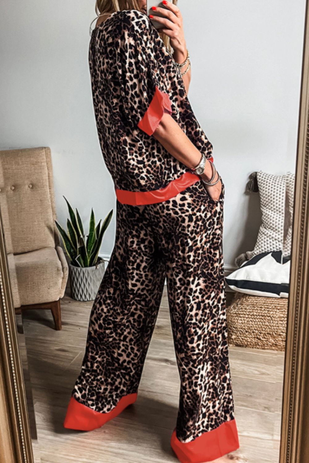 Leopard Round Neck Top and Pants Lounge Set