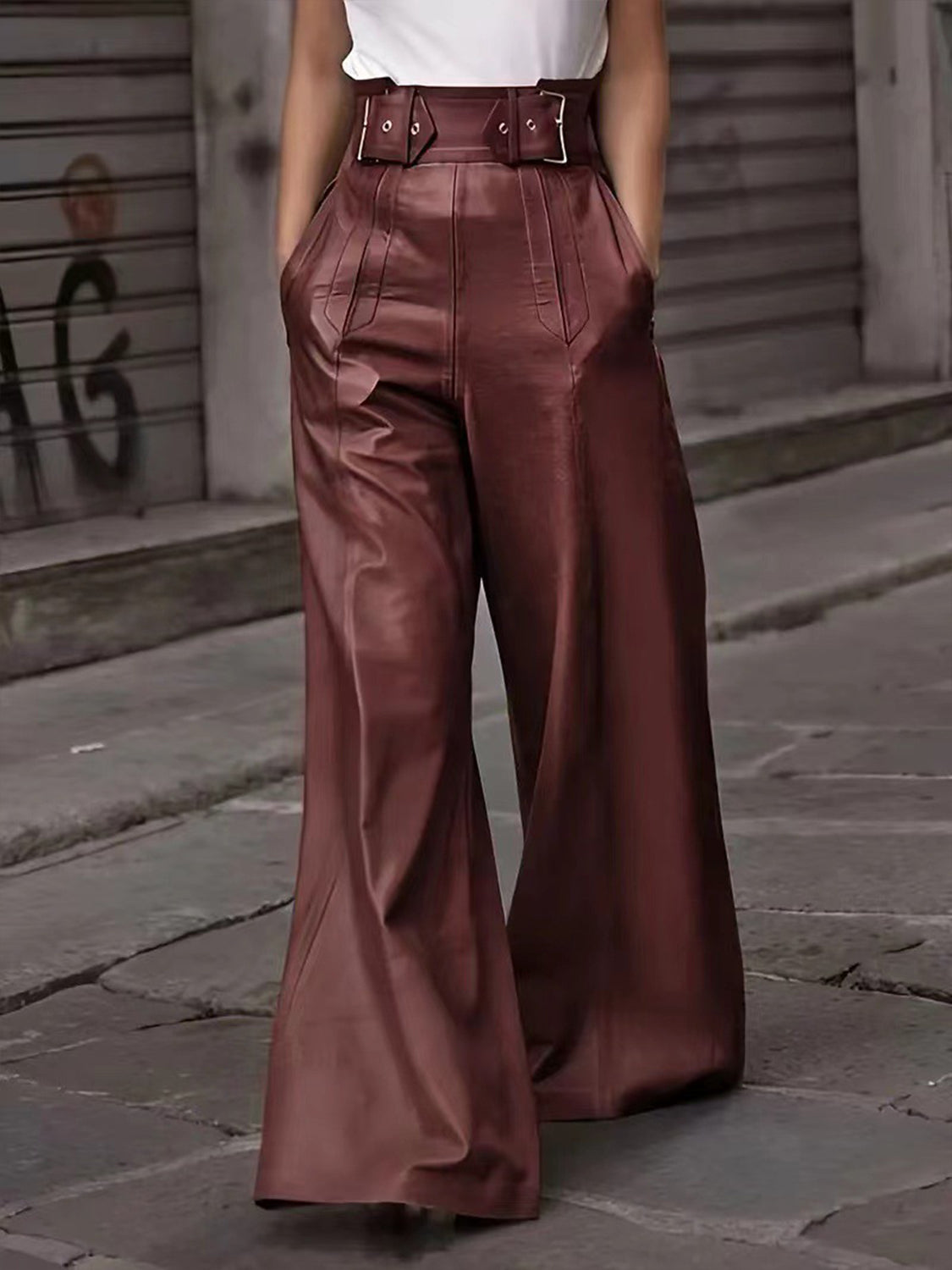 Half Elastic Waist Wide Leg Pants