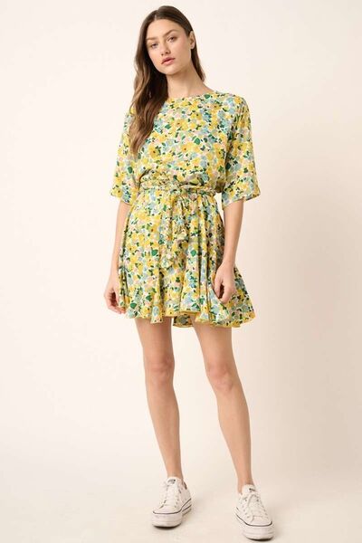 Floral Tie Waist Half Sleeve Summer Mini Dress