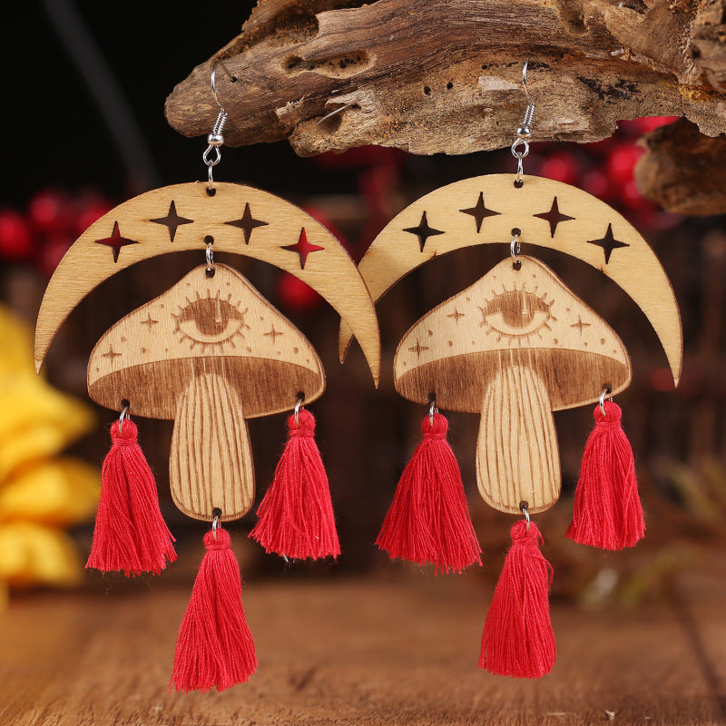 Moon & Mushroom Tassel Boho Dangle Earrings